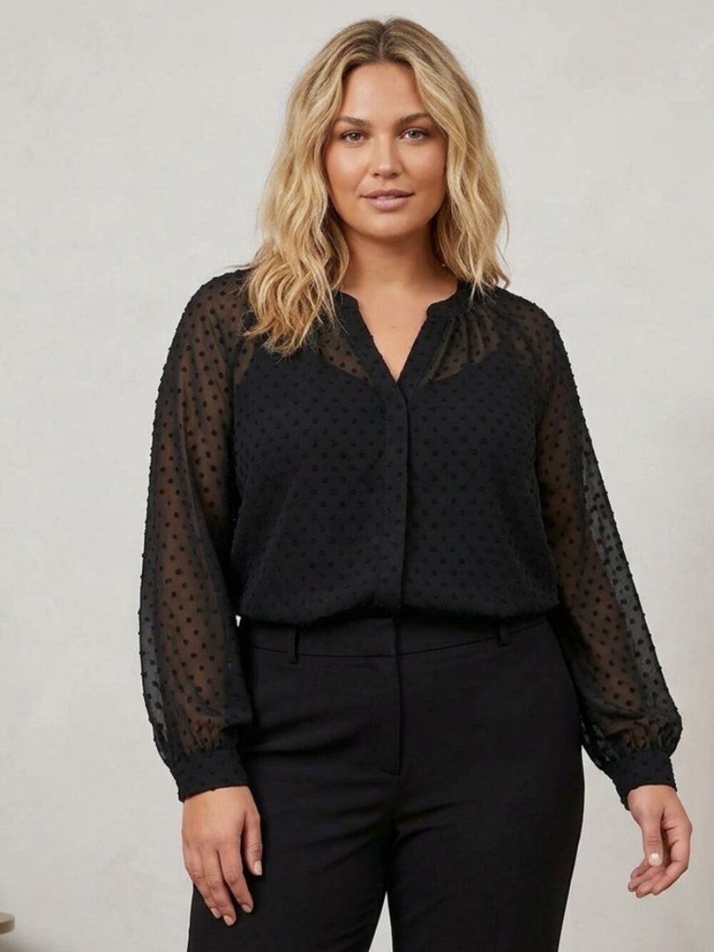 Gibson Black Swiss Dot Sheer Long Sleeve Split V-Neck Blouse SIZE MEDIUM